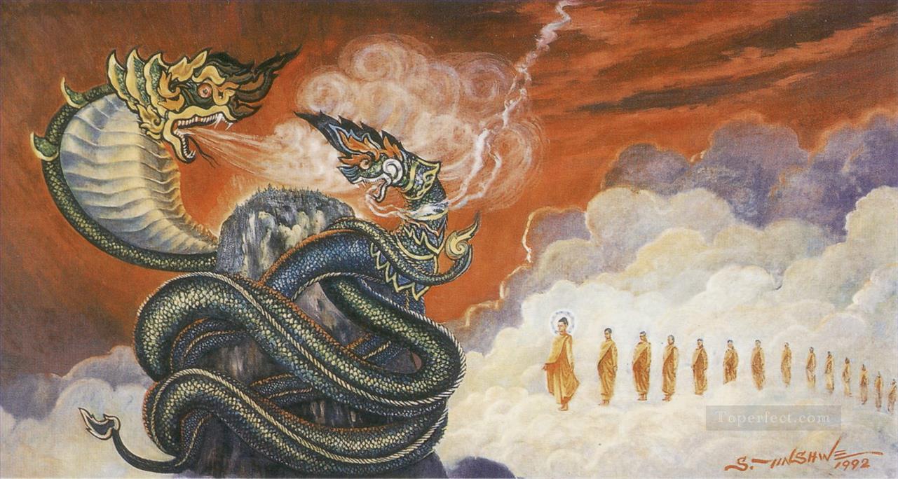 buddha subdued the celestial dragon nandopananda through his desciple maha moggalana Buddhism Oil Paintings